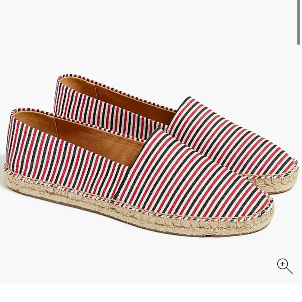 New J Crew Striped Canvas Slip On Espadrilles Red Black & White Summer Nautical